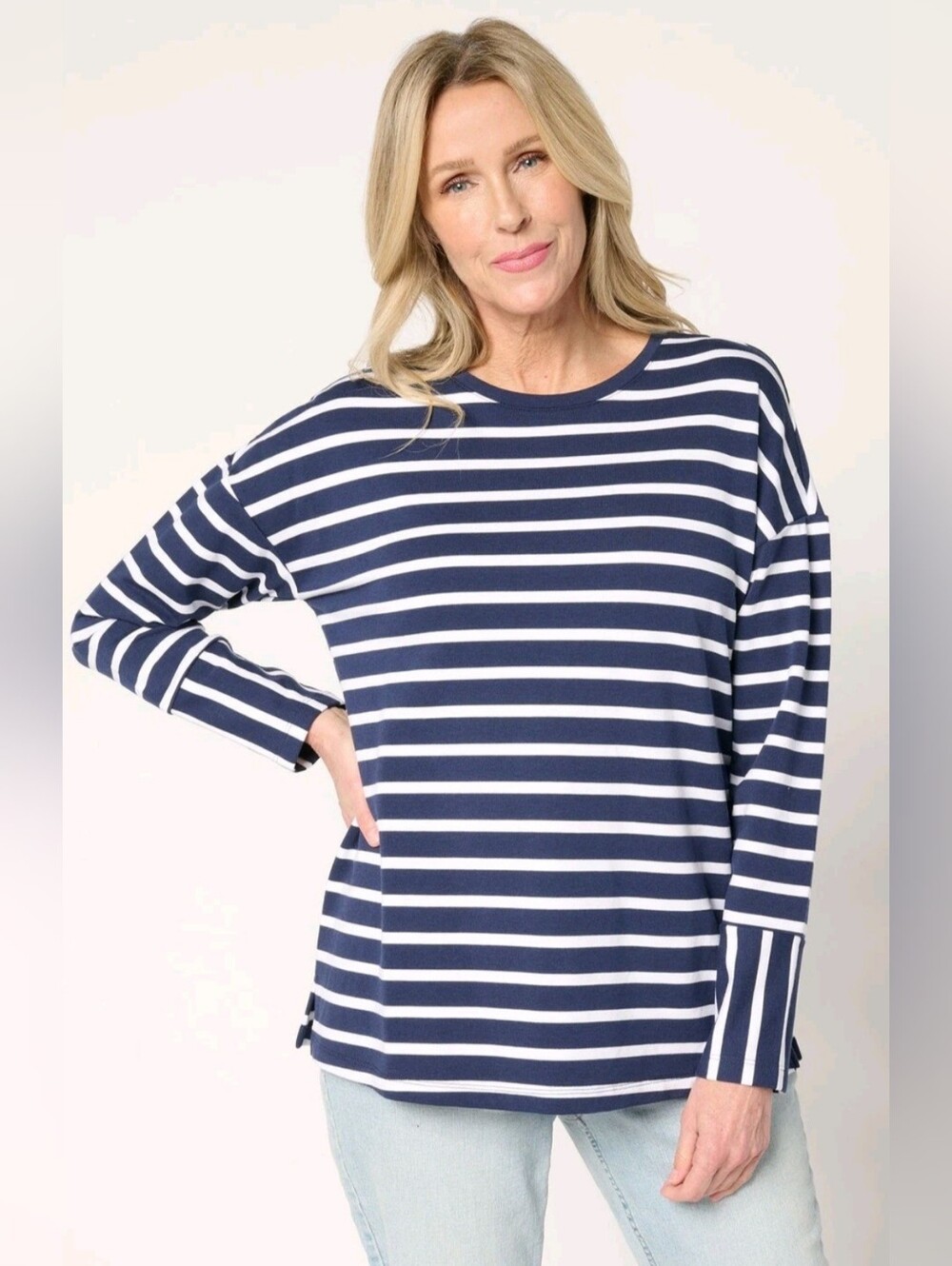 New Active French Terry Drop Shoulder Striped Long Sleeve Top XL